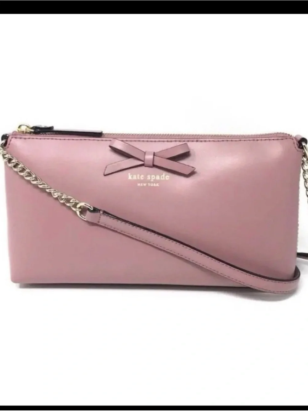 kate spade mauve pink leather bow crossbody with gold chain